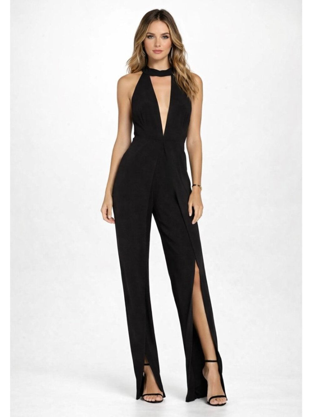 Sleeveless Plunge Halter Jumpsuit in Black